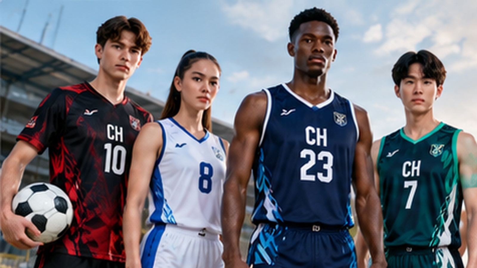 Illustrative custom teamwear concept with athletes in original team kits
