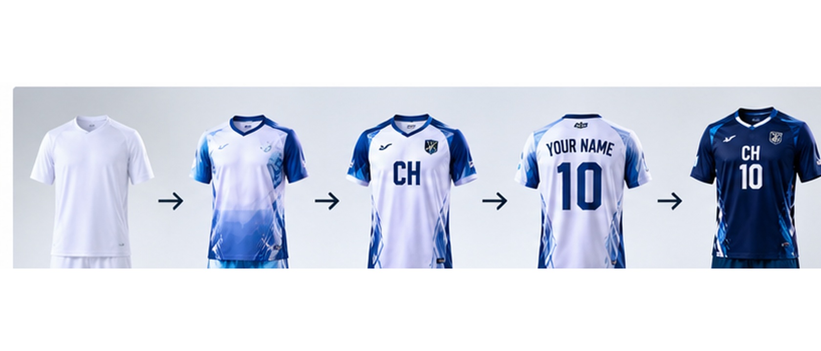 Illustrative progression from blank sportswear to a customized team kit