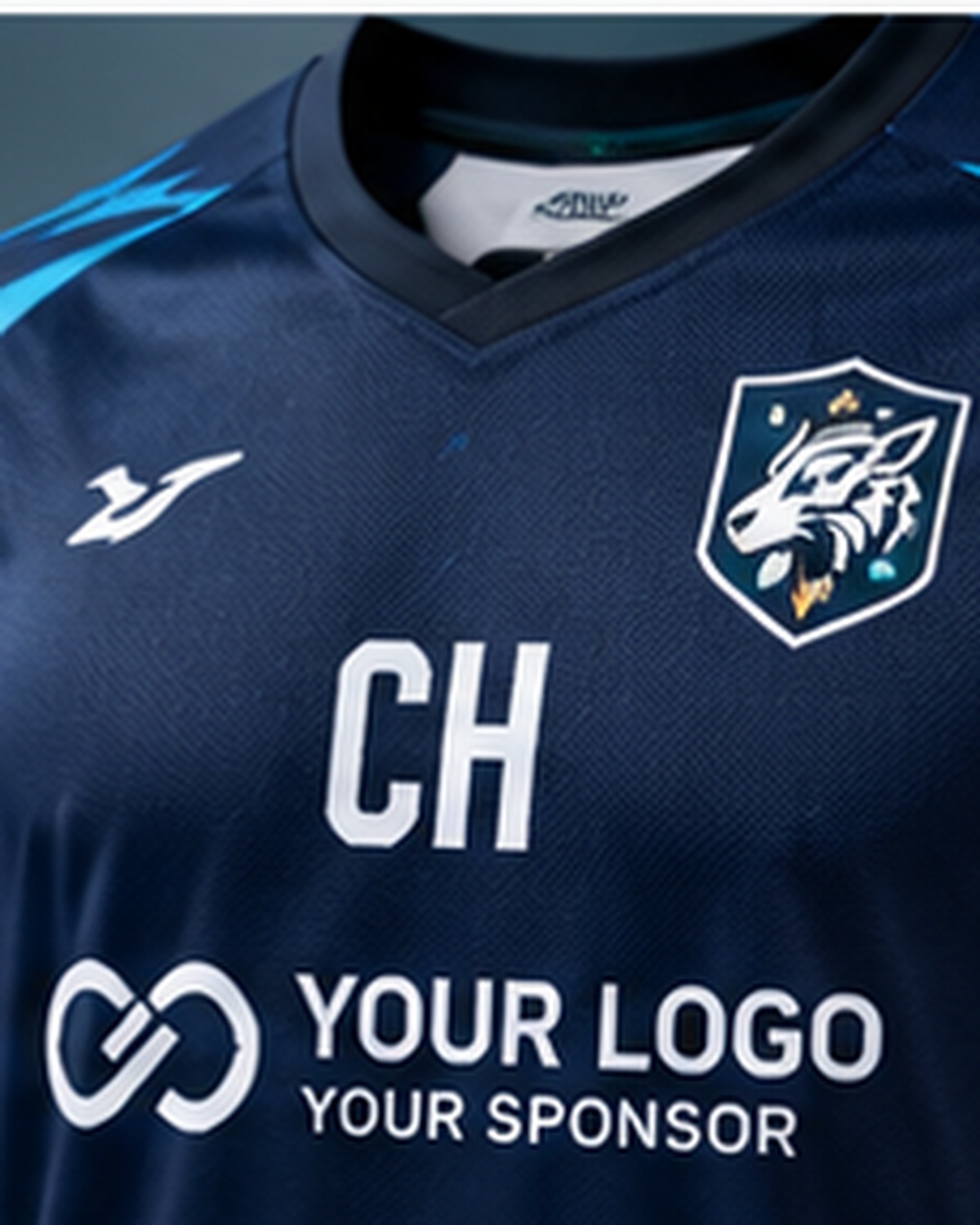 Illustrative team logo and sponsor placement on custom sportswear
