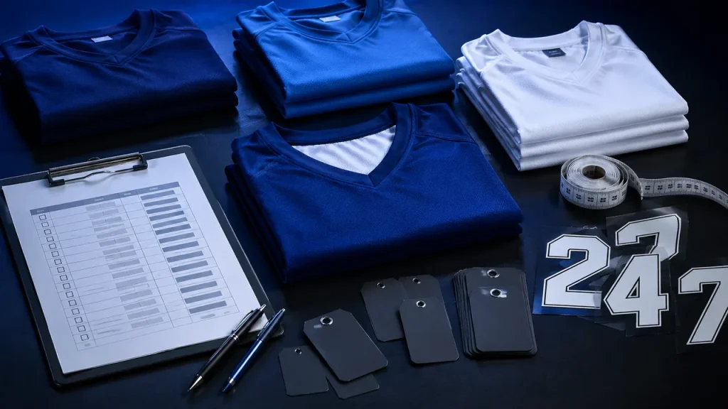 运动会队服尺码表、号码片和运动服整理场景